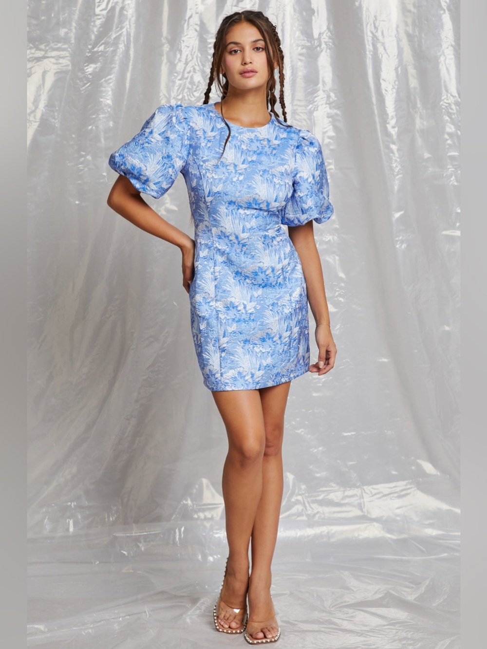 Lena Blue Floral Puff-Sleeve Party Dress